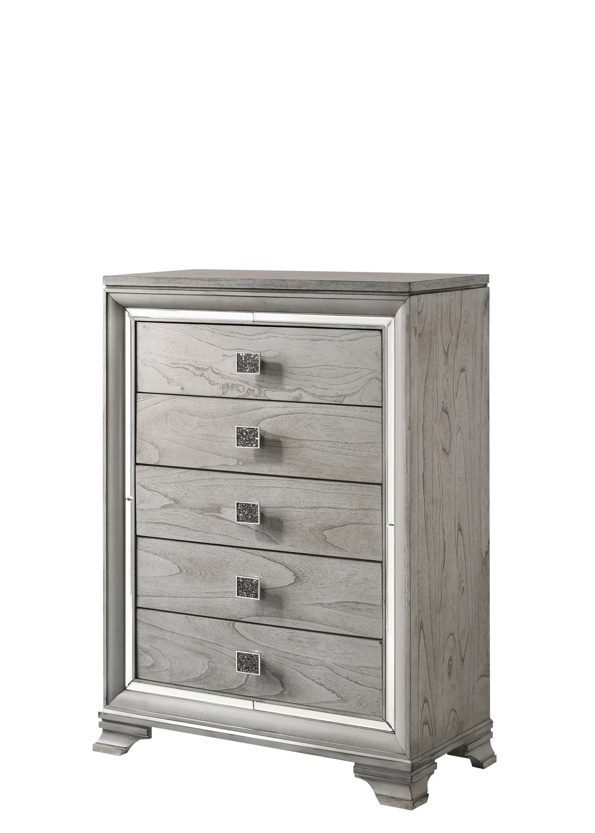 Vail grey upholstered LED bedroom set with mirrored trim including bed, dresser, mirror, and nightstand