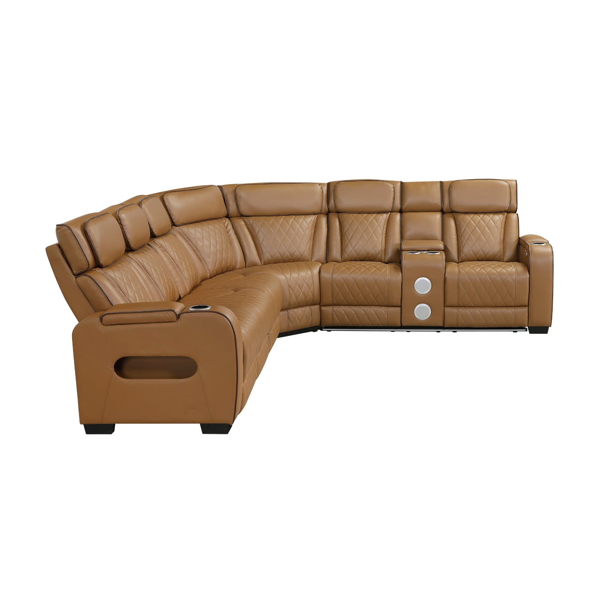 Brown faux leather power reclining sectional with side console and cup holders