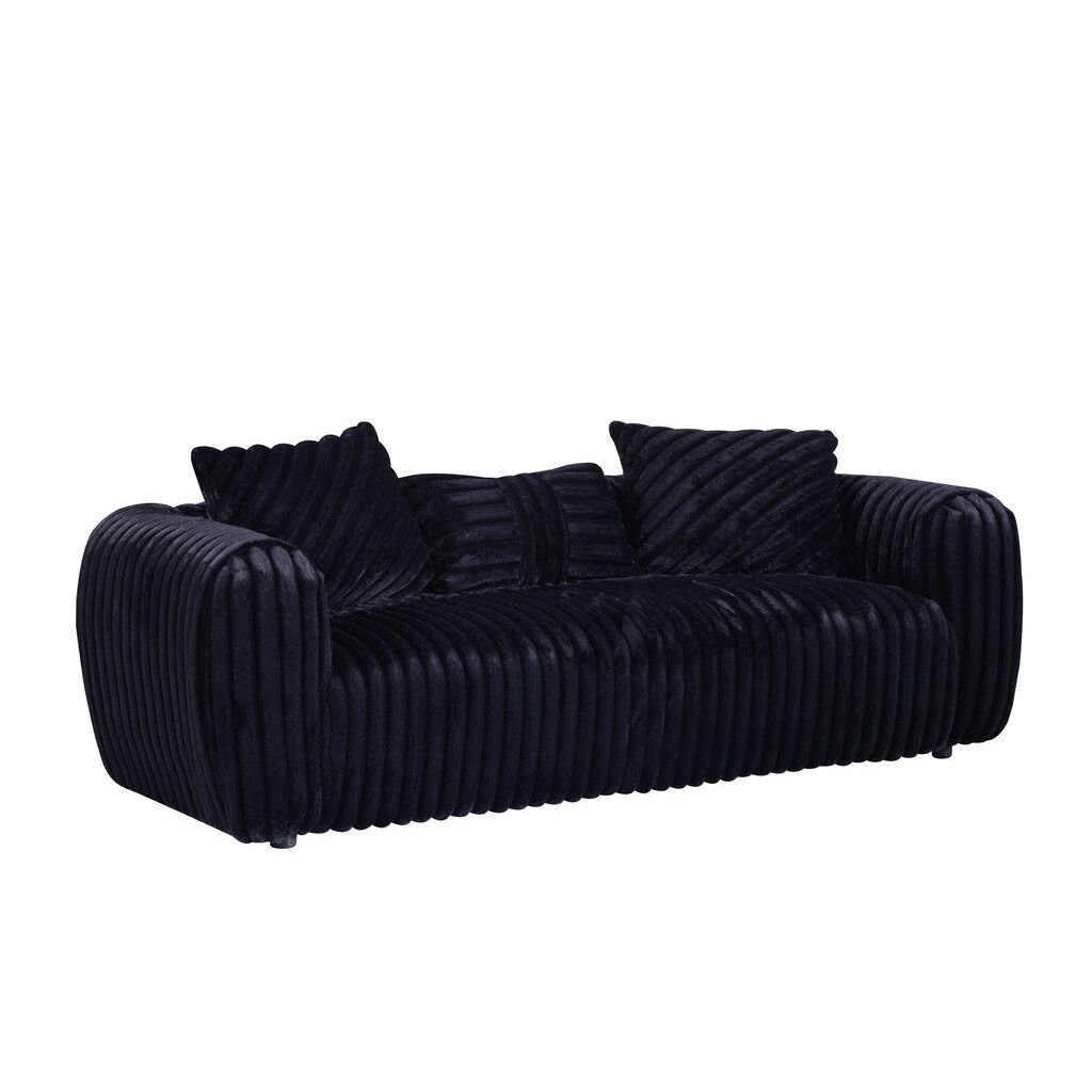 Eli black stripe fabric sofa with rounded arms and toss pillows in a modern living room