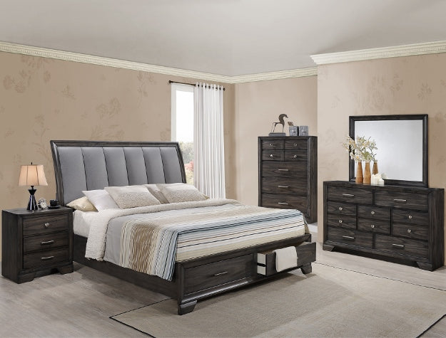 Jaymes upholstered platform storage bed with tufted headboard in a bedroom setting