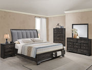 Jaymes bedroom set with upholstered storage bed, nightstand, chest, dresser, and mirror in weathered wood finish