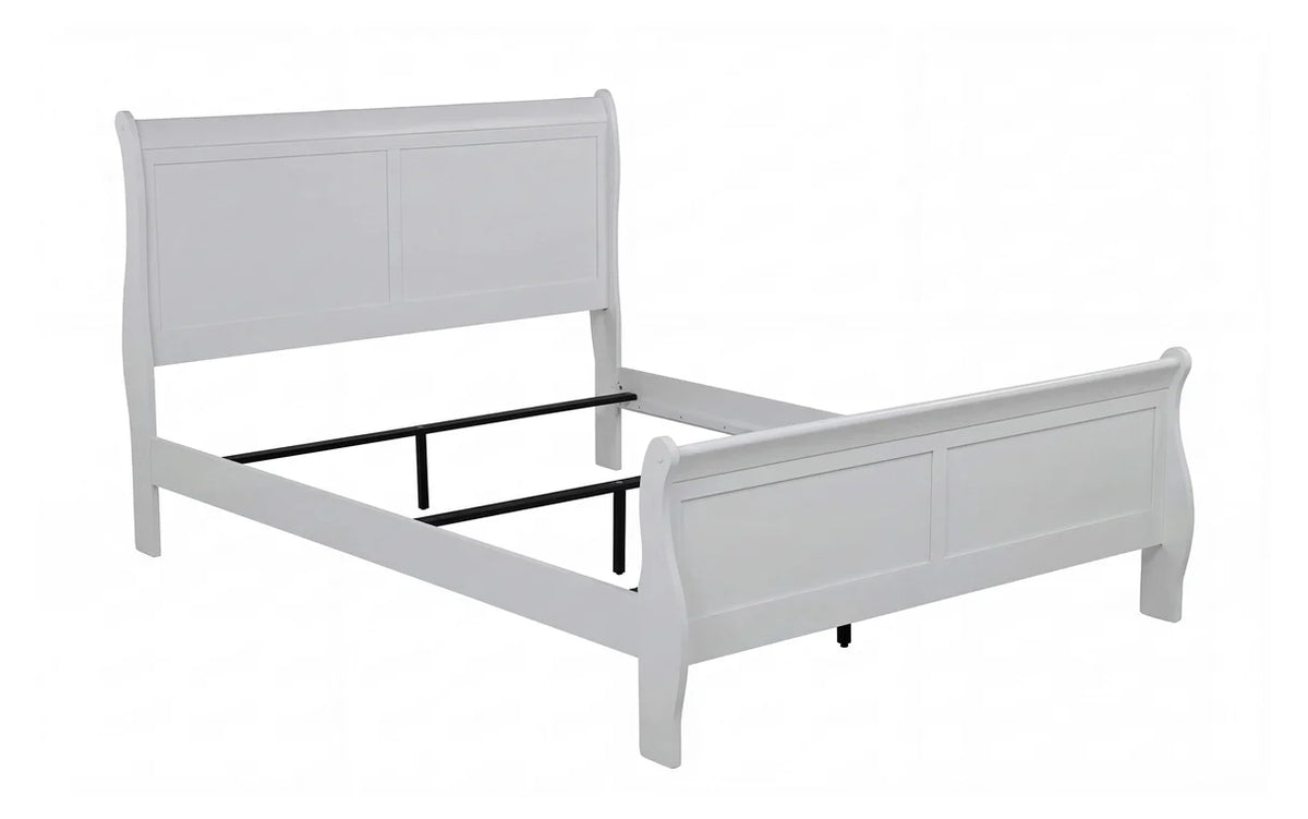 Louis white bedroom set with six-drawer dresser, beveled mirror, and two-drawer nightstand