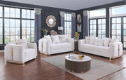 Capri white sofa collection with gold trim and designer pillows in a modern living room