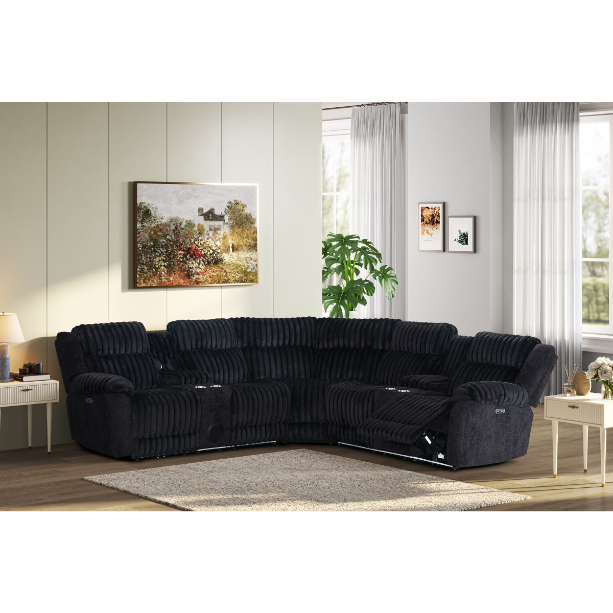 Black corduroy power reclining sectional sofa with LED lighting and built-in speakers