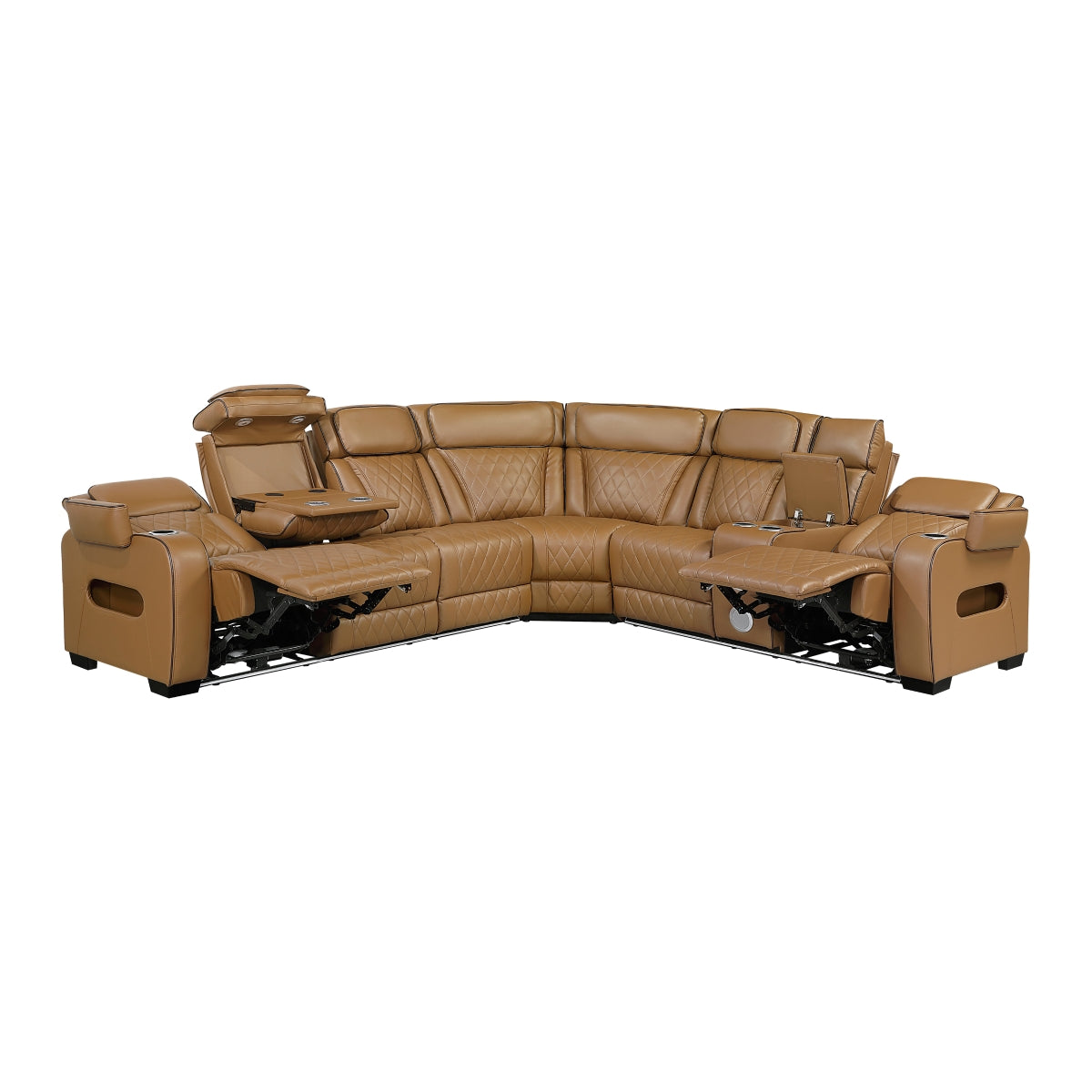 Brown faux leather power reclining sectional with side console and cup holders