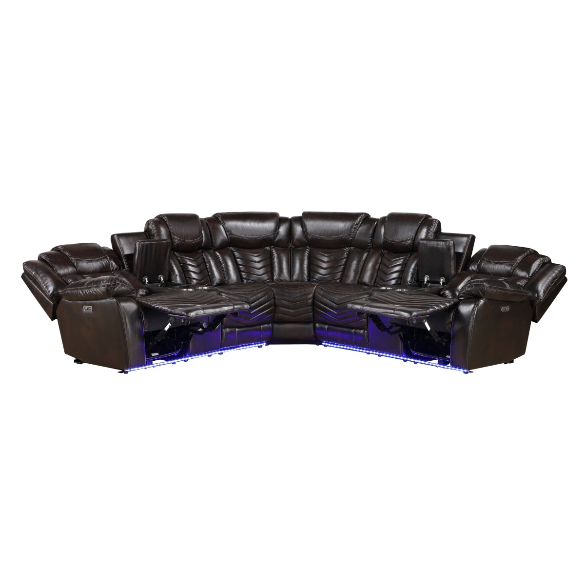 Dark brown faux leather power reclining sectional with LED lighting and consoles