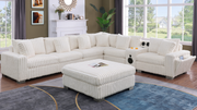 S329 Snuggle Station cream sectional with built-in tech console, Bluetooth speakers, and wireless charging in a living room setting