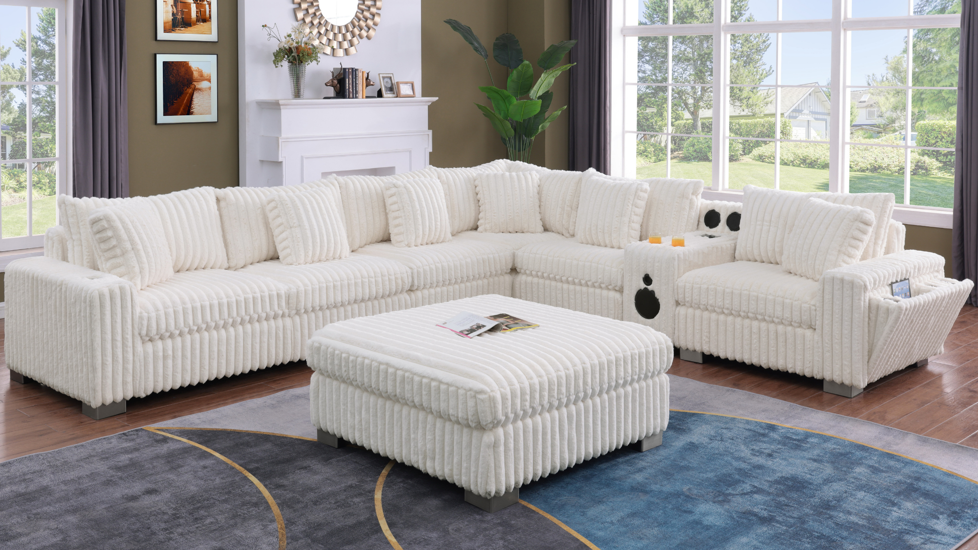 S329 Snuggle Station cream sectional with built-in tech console, Bluetooth speakers, and wireless charging in a living room setting