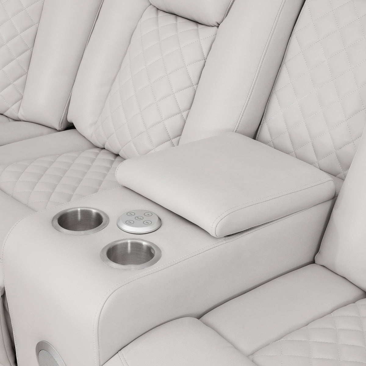 Light gray 3-piece reclining sectional sofa with LED base lighting and console