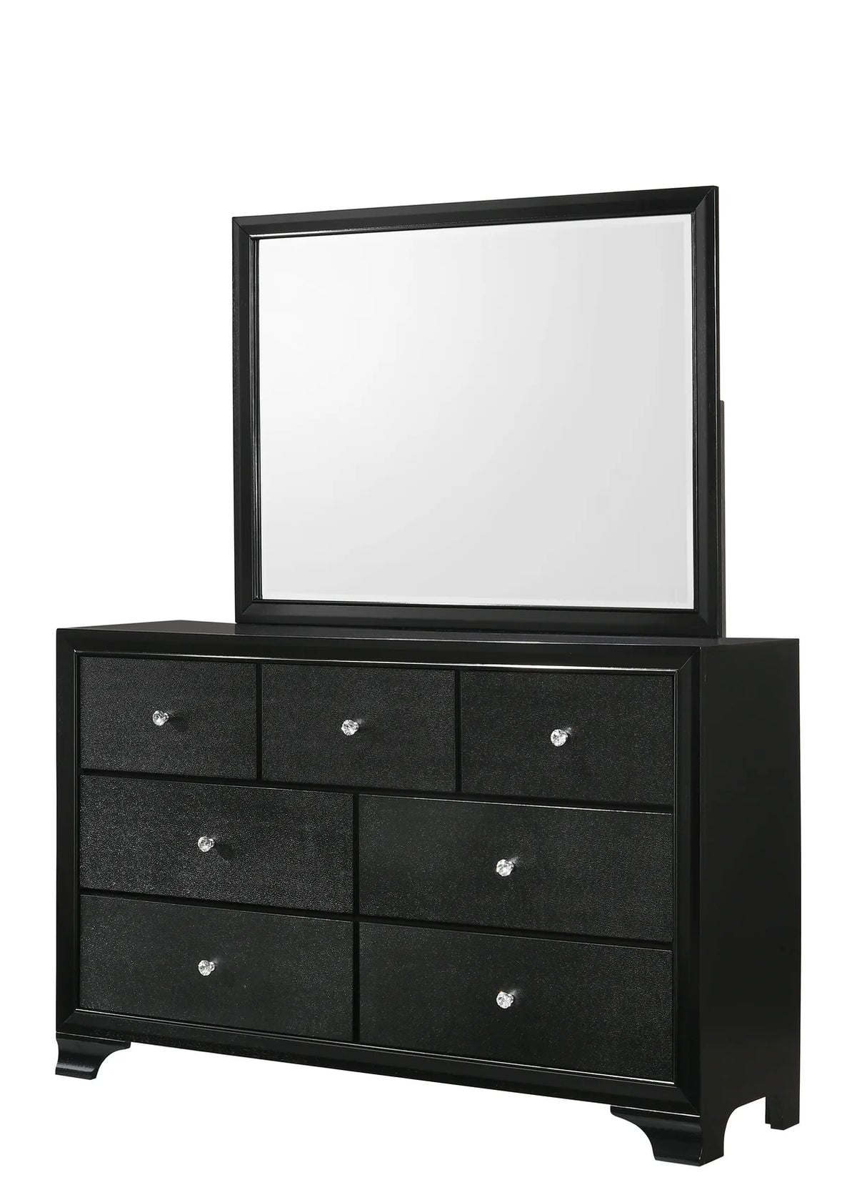 Micah black bedroom set with dresser, mirror, nightstand, and chest featuring crystal-style knobs