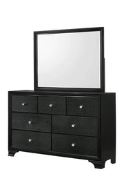 Micah black bedroom set with dresser, mirror, nightstand, and chest featuring crystal-style knobs