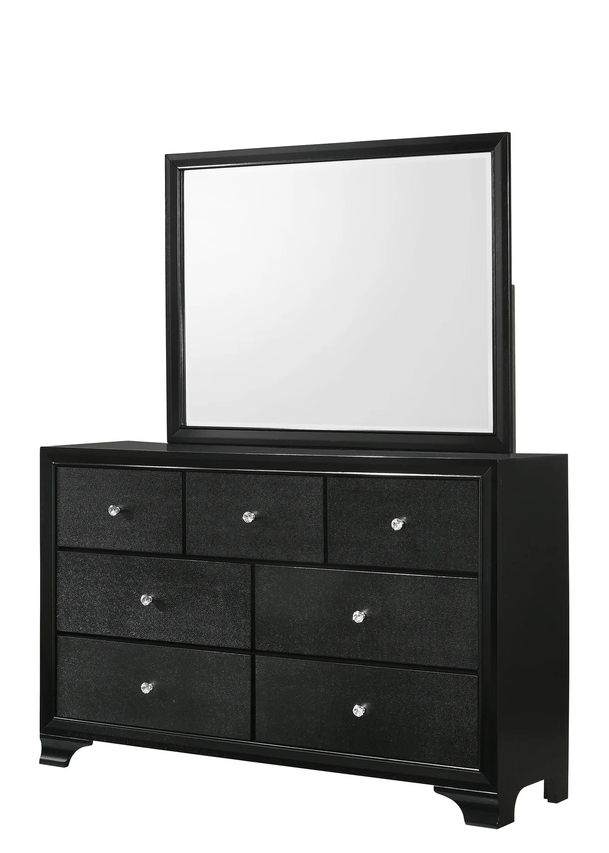 Micah black bedroom set with dresser, mirror, nightstand, and chest featuring crystal-style knobs