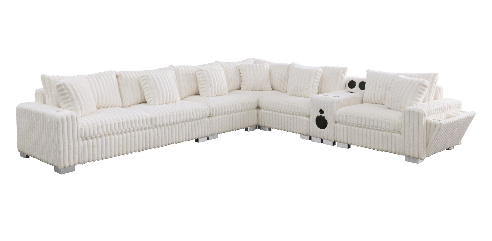 S329 Snuggle Station cream sectional with built-in tech console, Bluetooth speakers, and wireless charging in a living room setting