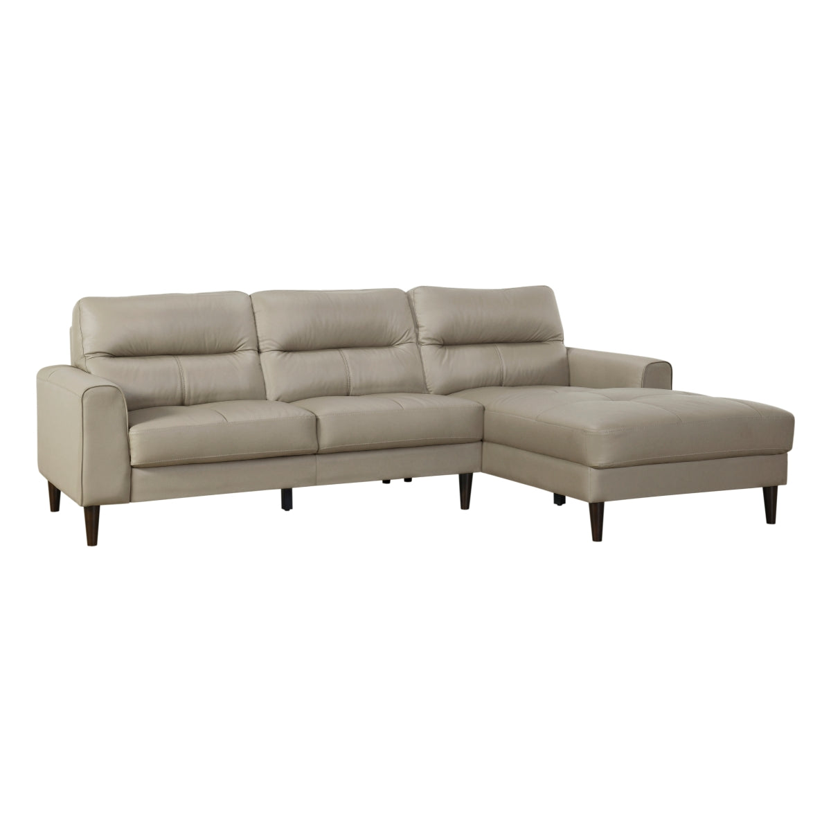 Latte leather 2-piece sectional sofa with right-facing chaise and tapered wood legs