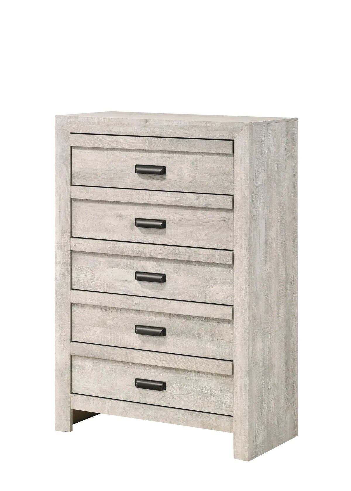 Valor whitewashed bedroom set with chevron headboard bed, dresser, mirror, nightstand, and chest