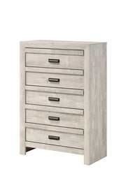 Valor whitewashed bedroom set with chevron headboard bed, dresser, mirror, nightstand, and chest