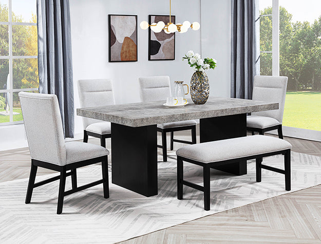 Sebastian dining set with textured tabletop, black base, upholstered chairs and matching bench
