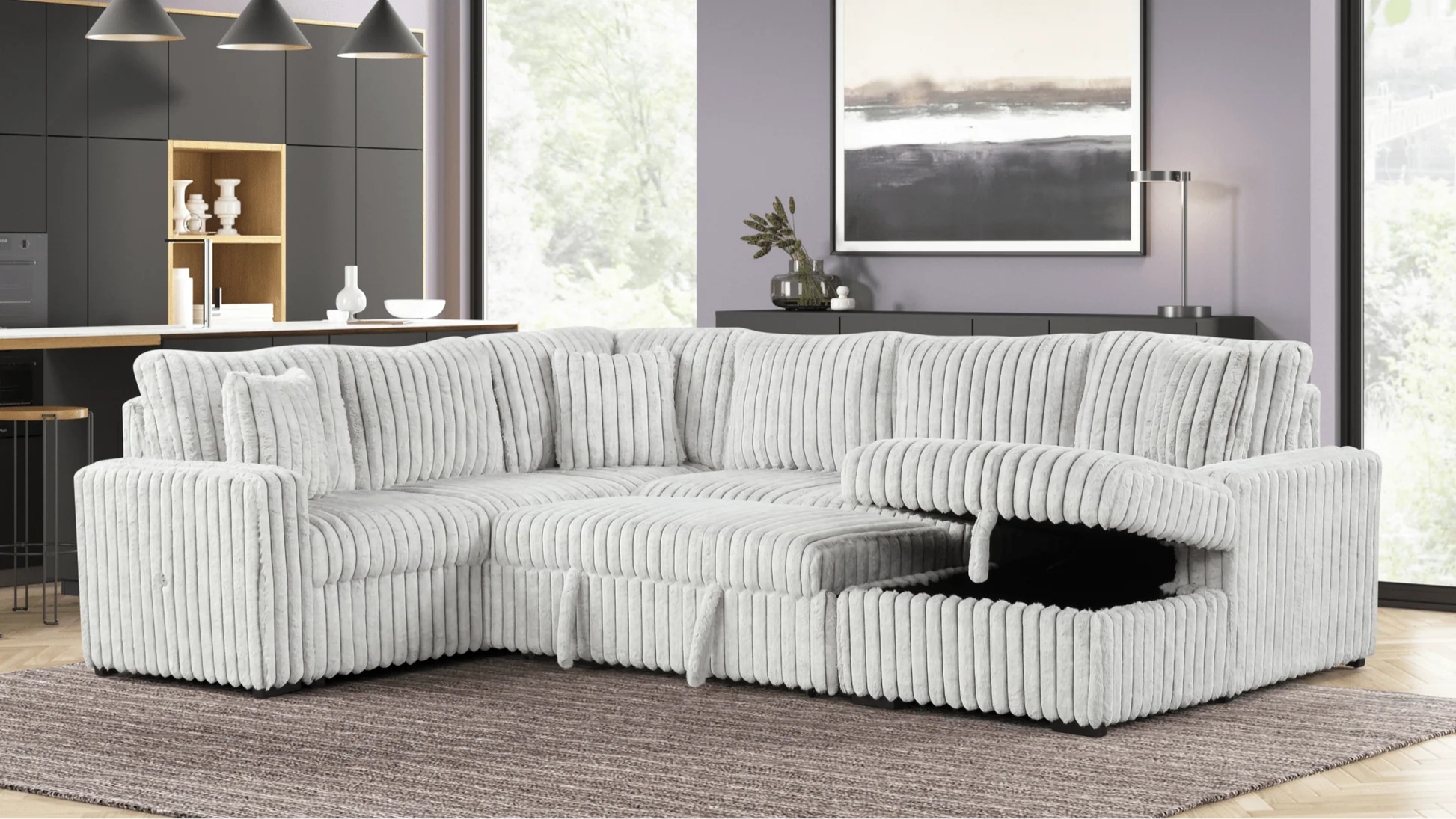 Grey Raha II sectional sofa with pullout bed and storage in a modern living room