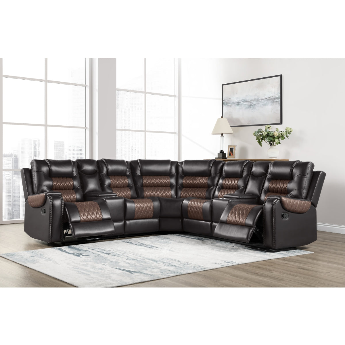 Brown faux leather 3-piece reclining sectional with diamond-stitched accents and cupholder console