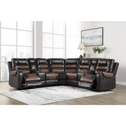 Brown faux leather 3-piece reclining sectional with diamond-stitched accents and cupholder console