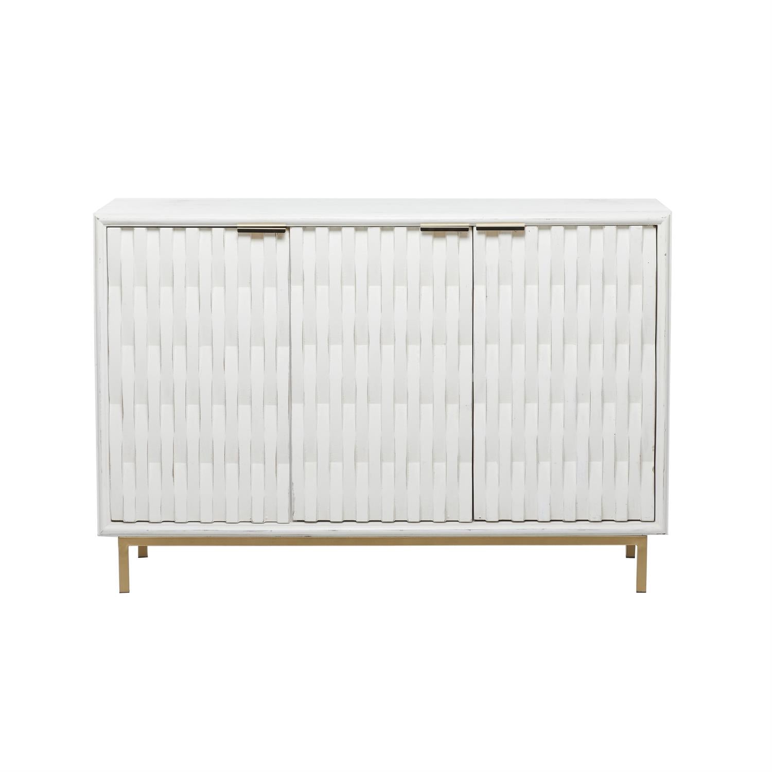 White 3-door cabinet with dimensional textured patterns and gold L-shaped handles