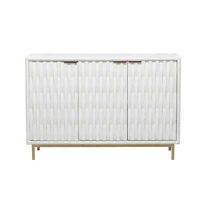 White 3-door cabinet with dimensional textured patterns and gold L-shaped handles