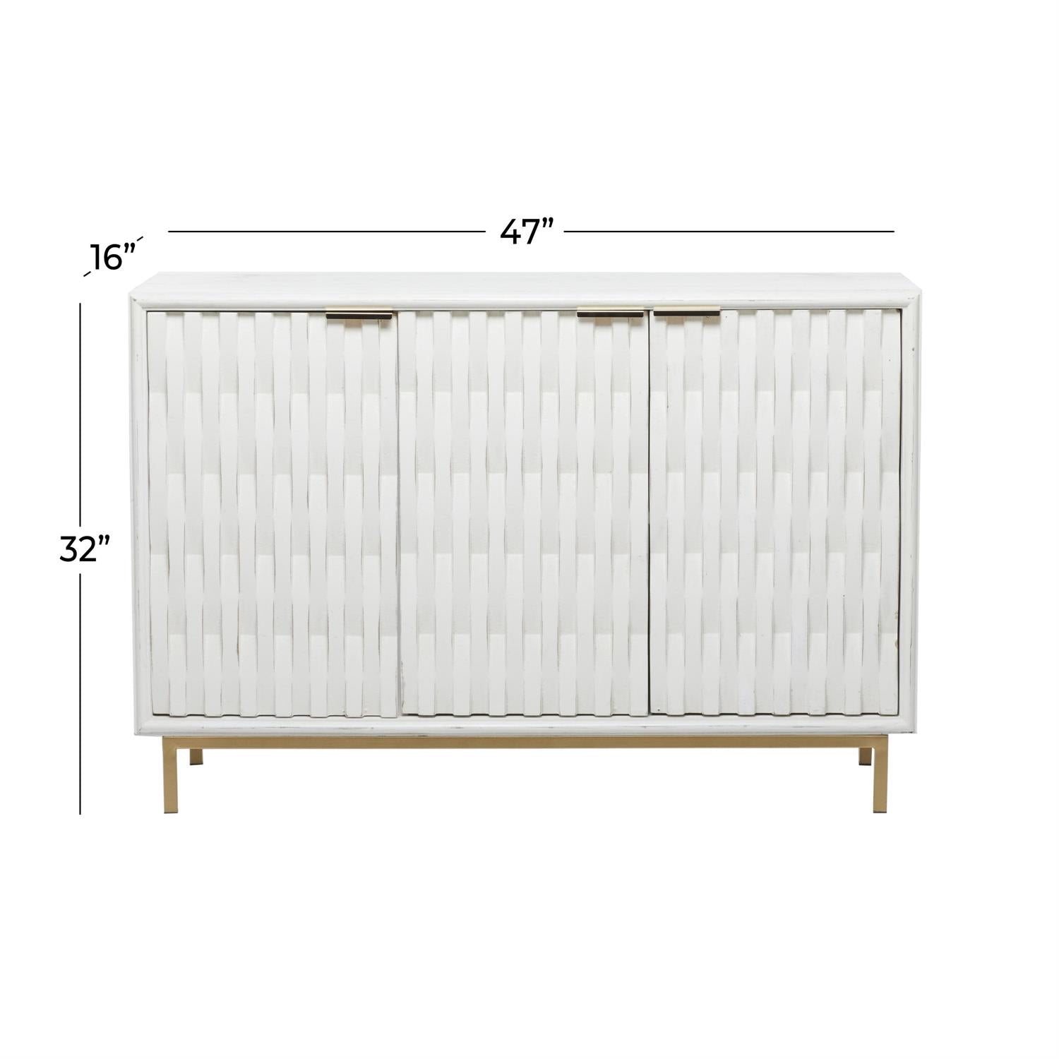 White Textured 3-Door Cabinet with Gold Accents – Geometric Storage, 47"