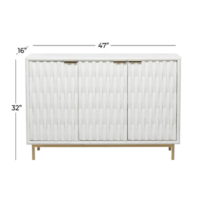 White Textured 3-Door Cabinet with Gold Accents – Geometric Storage, 47"