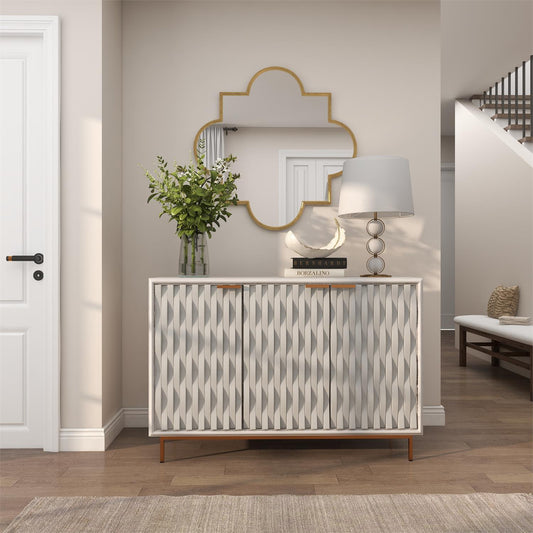 White Textured 3-Door Cabinet with Gold Accents – Geometric Storage, 47"
