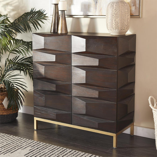 Modern 2-door cabinet with faceted texture and polished matte brown finish