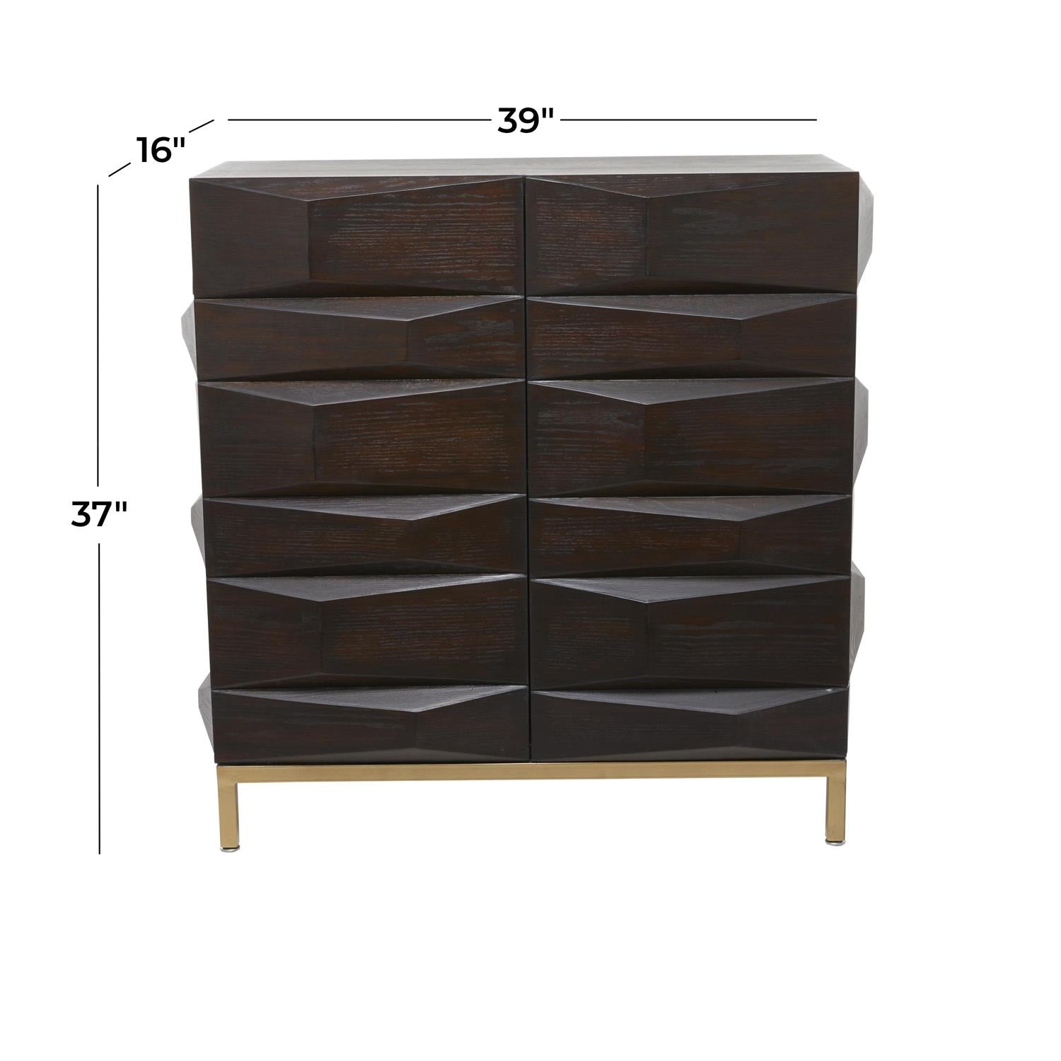 Dark Brown Wood 2-Door Cabinet with Gold Base – 37" Faceted Modern Storage