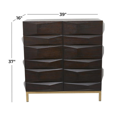 Dark Brown Wood 2-Door Cabinet with Gold Base – 37" Faceted Modern Storage