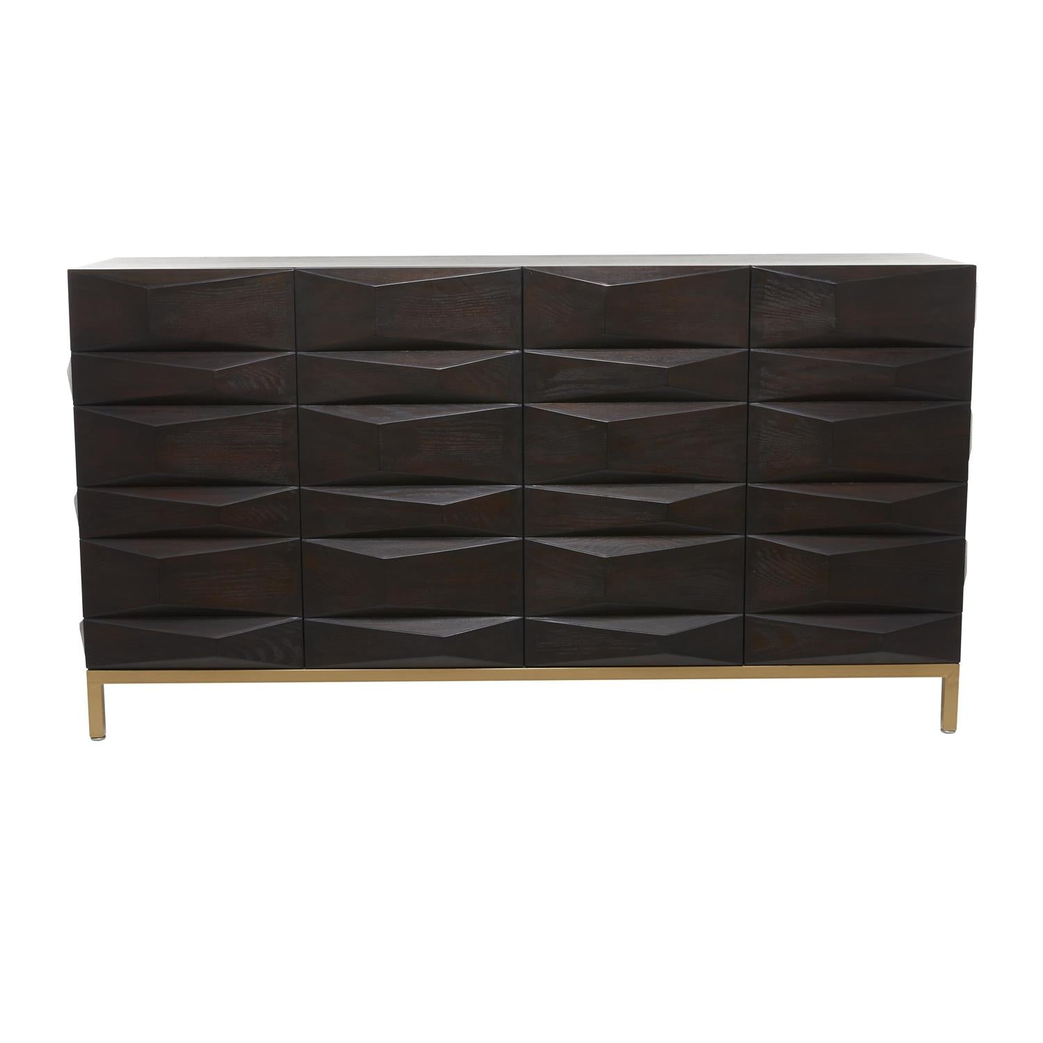 Dark brown 4-door sideboard with geometric carved design and gold base