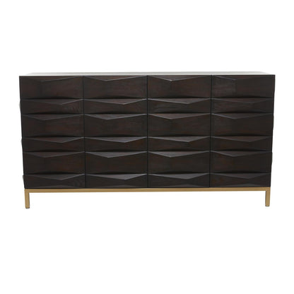 Dark brown 4-door sideboard with geometric carved design and gold base