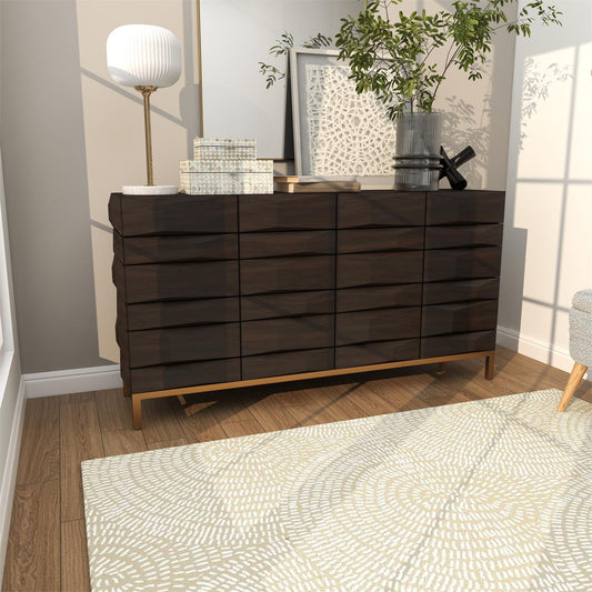 Contemporary sideboard with carved doors styled in modern dining room or hallway