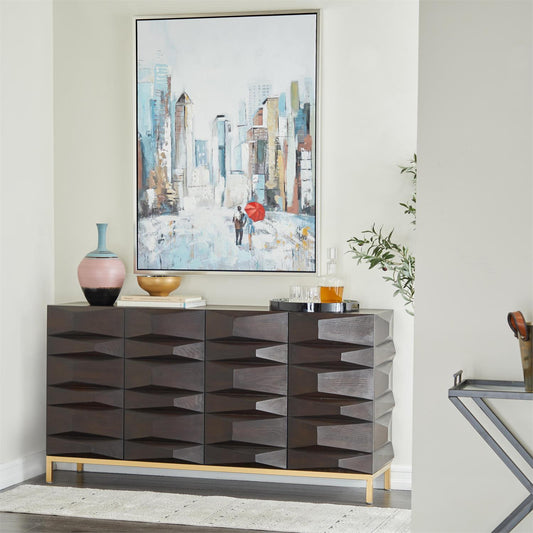 Dark Brown Wood 4-Door Sideboard with Faceted Design – 63" Modern Storage