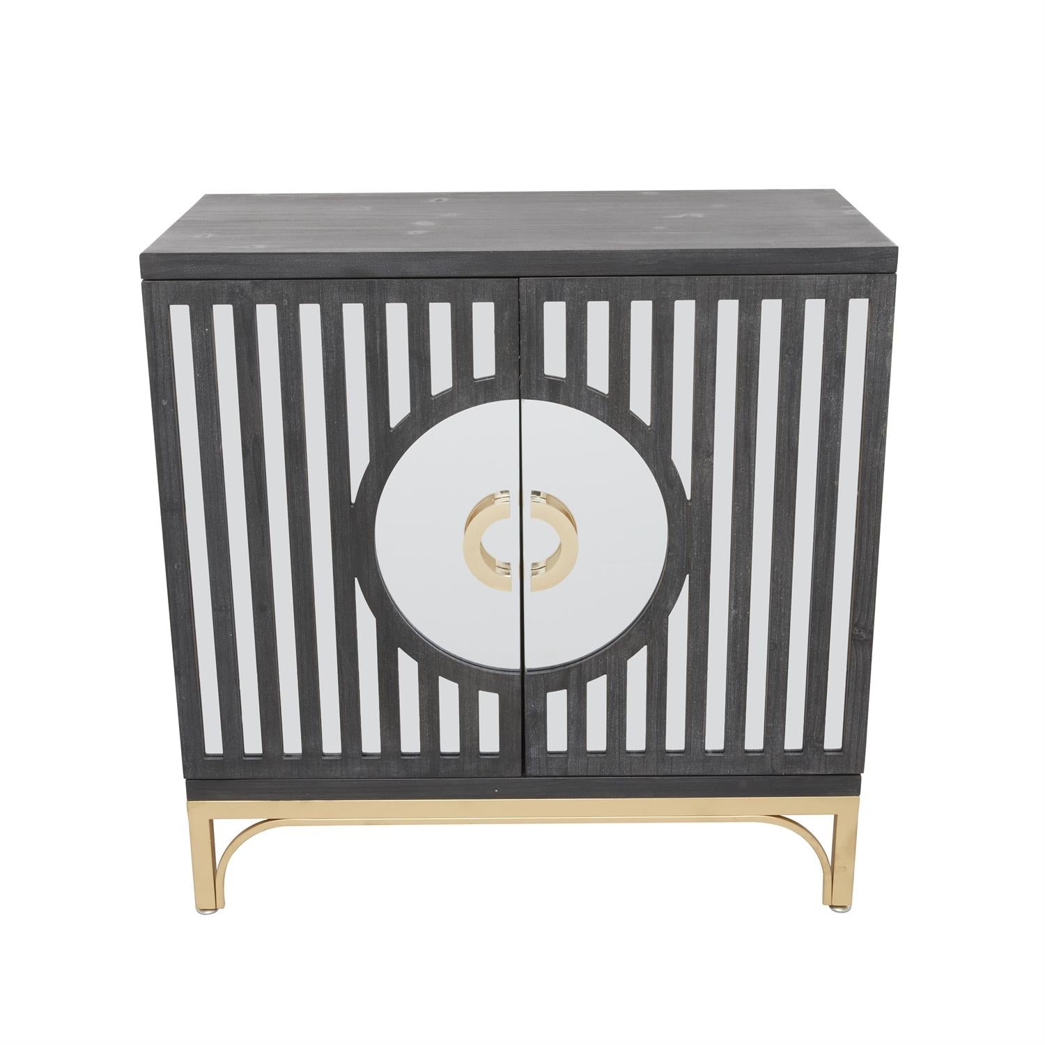 Black 2-door cabinet with vertical geometric lines and gold handles on tapered legs