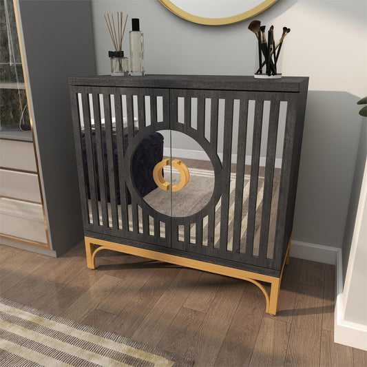 Black geometric cabinet styled in a minimalist entryway or modern bedroom