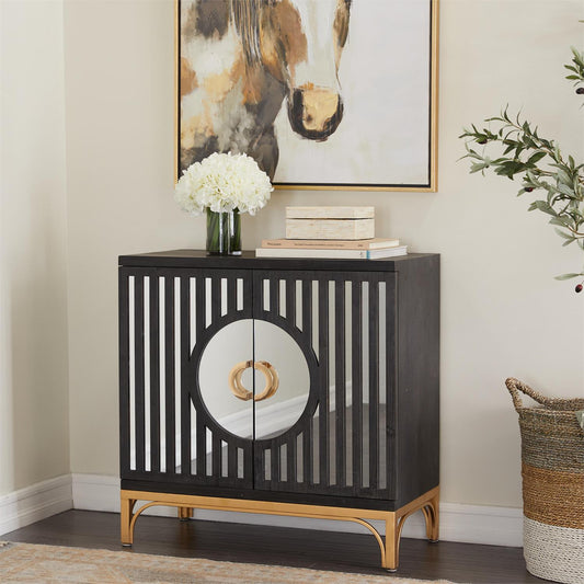 Black Geometric 2-Door Cabinet with Gold Legs – 32" Glass-Inlay Storage