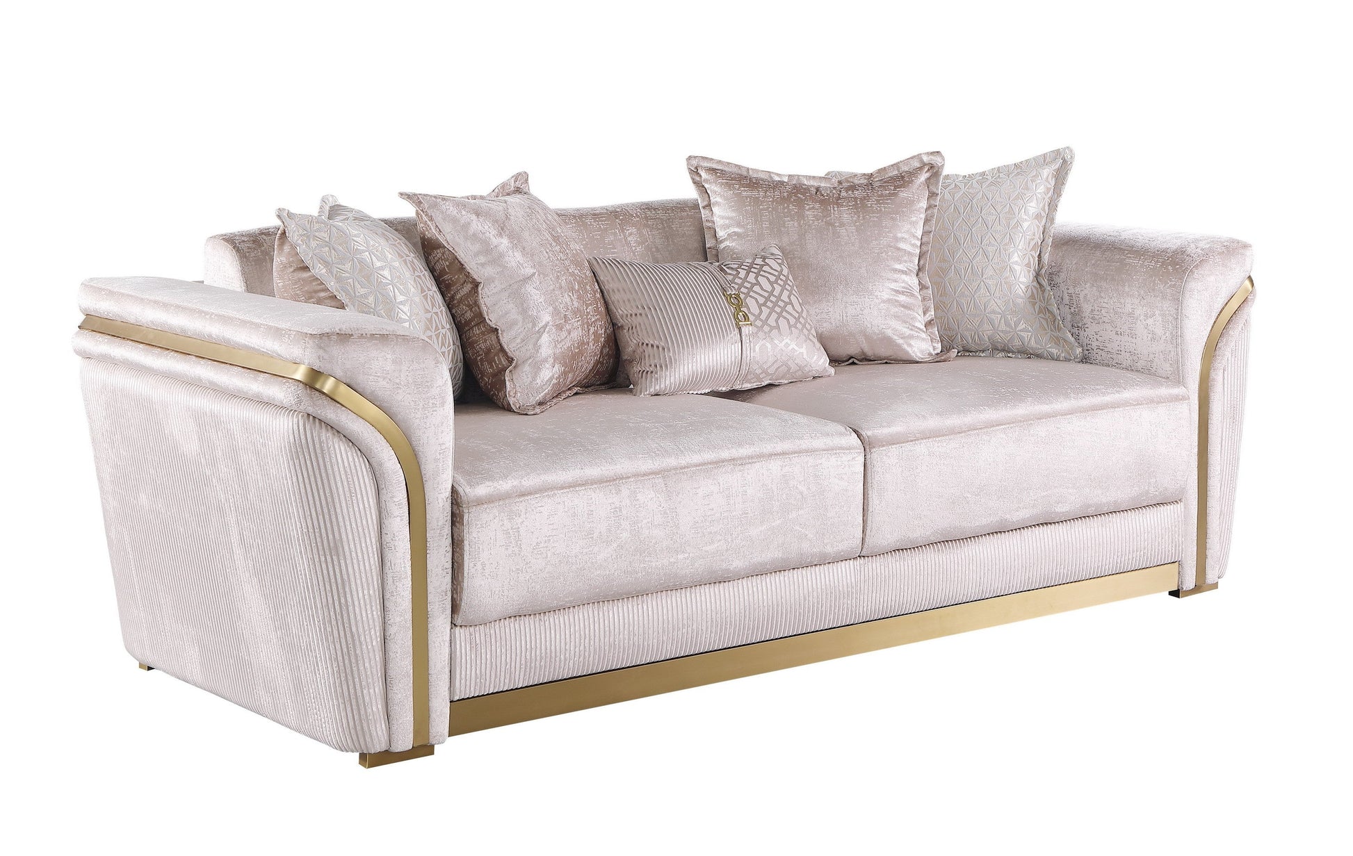 Torino Champagne sofa, loveseat, and chair set with gold frame accents in a modern living room