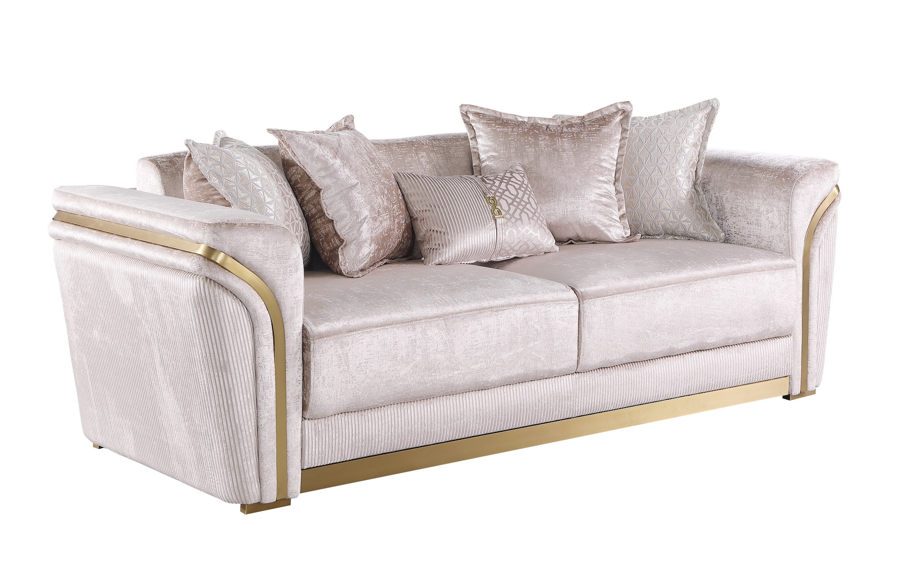 Torino Champagne sofa, loveseat, and chair set with gold frame accents in a modern living room