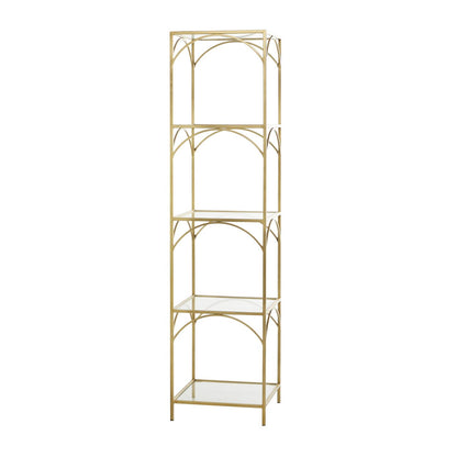 Modern 5-tier gold shelving unit with arched accents and tempered glass shelves