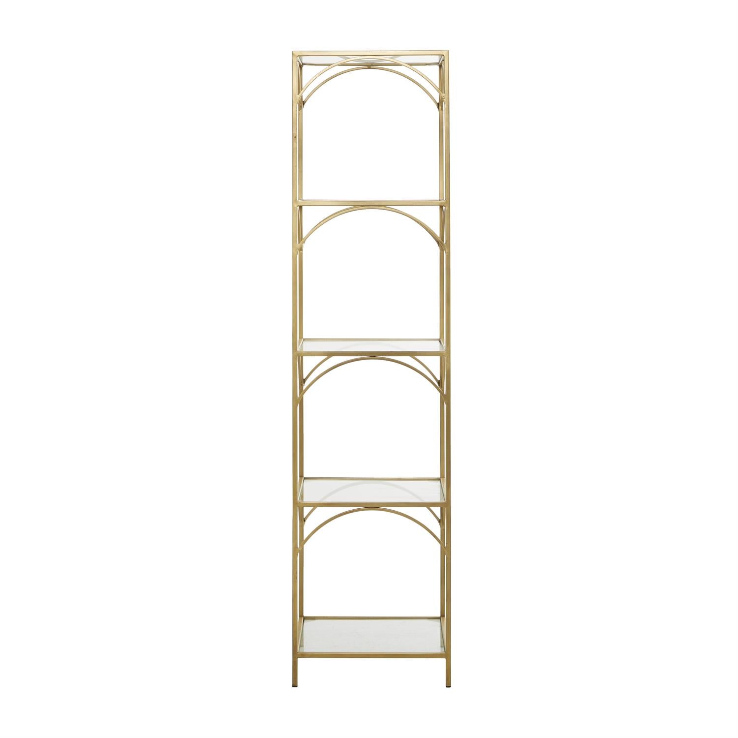 Tall gold metal shelf with 5 clear glass tiers and square frame design