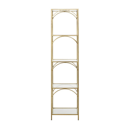 Tall gold metal shelf with 5 clear glass tiers and square frame design