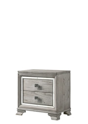 Vail grey upholstered LED bedroom set with mirrored trim including bed, dresser, mirror, and nightstand