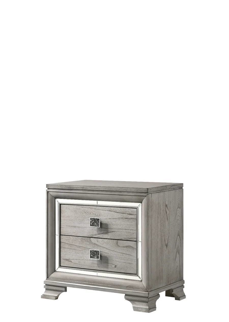 Vail grey upholstered LED bedroom set with mirrored trim including bed, dresser, mirror, and nightstand