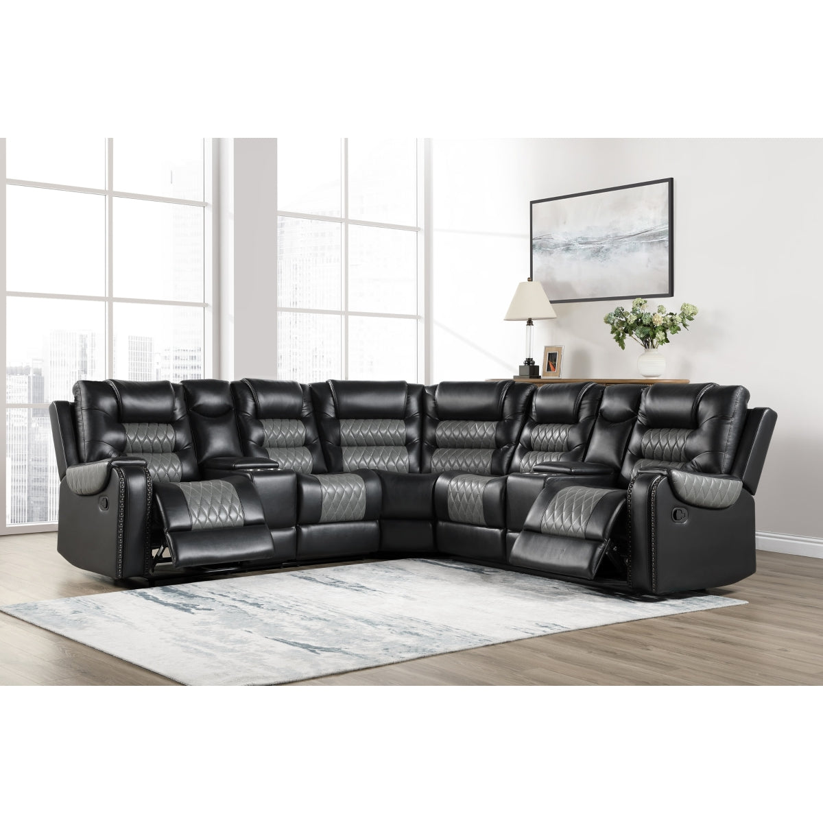 Black faux leather 3-piece reclining sectional sofa with storage consoles in a modern living room