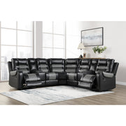 Black faux leather 3-piece reclining sectional sofa with storage consoles in a modern living room