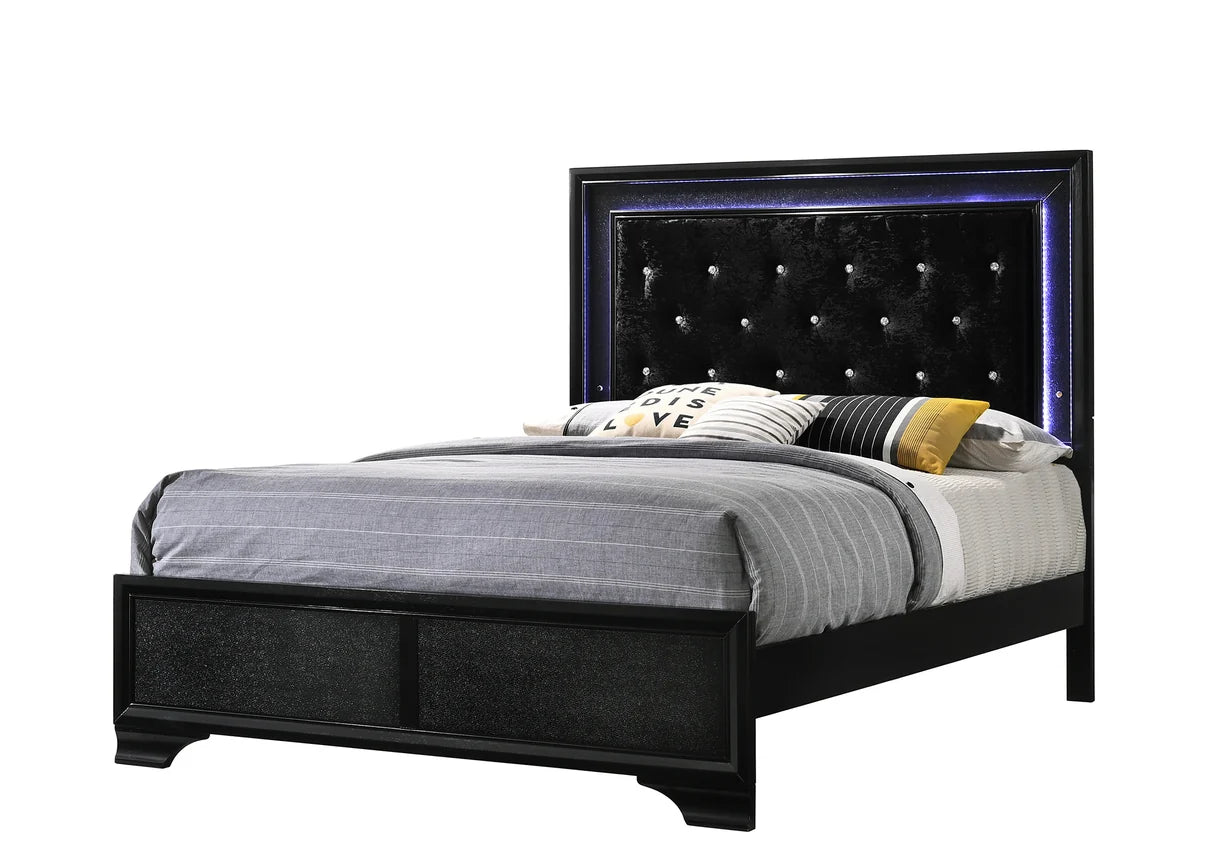 Micah black bedroom set with dresser, mirror, nightstand, and chest featuring crystal-style knobs