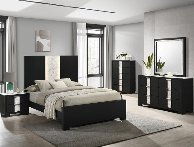 Rangley black platform bed with tall marble-look accent headboard in a modern bedroom